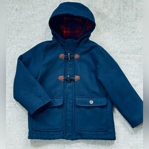 Carter's sz 7 Boys Navy Blue Toggle Coat with Red Plaid Hood